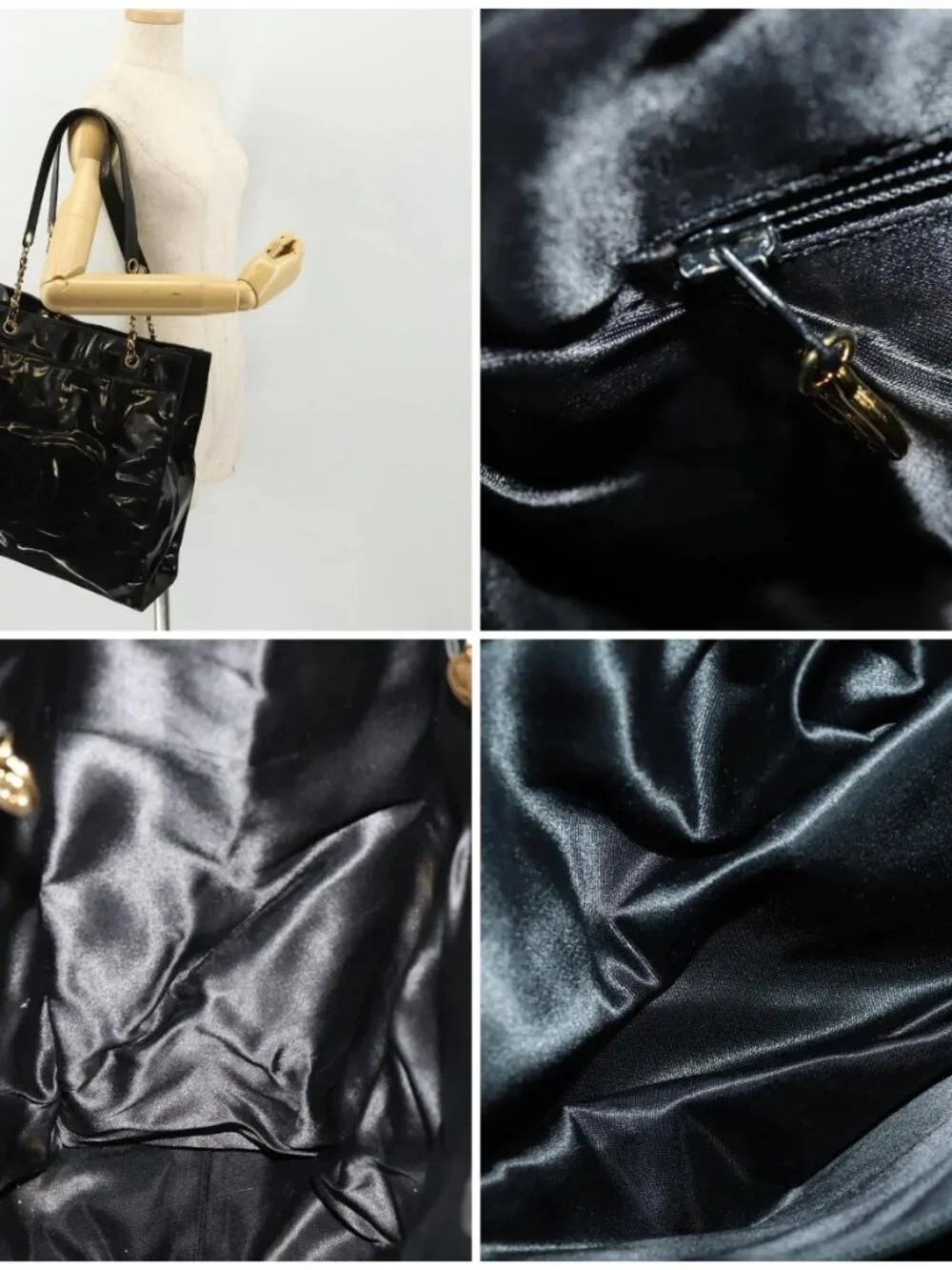 CHANEL Chain Tote Bag Patent Leather Black Gold CC Auth bs34312